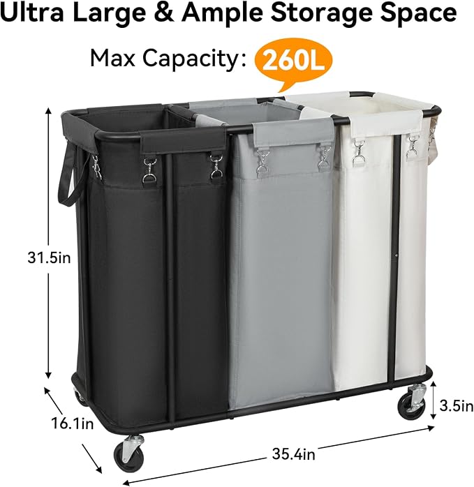 WOWLIVE Laundry Hamper 3 Section, 260L Rolling Laundry Basket with Wheels | Laundry Cart with Steel Frame and Removable Bags, Large Dirty Clothes Hamper Dorm Room Storage for Bedroom - Image 4