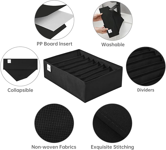 4 Packs T-shirt Drawer Organizers for Clothing,8 Grids Compartment Wardrobe Storage Box, Washable Clothes Organizer for Folded Clothes, Legging, Silk Scarve-Black - Image 4