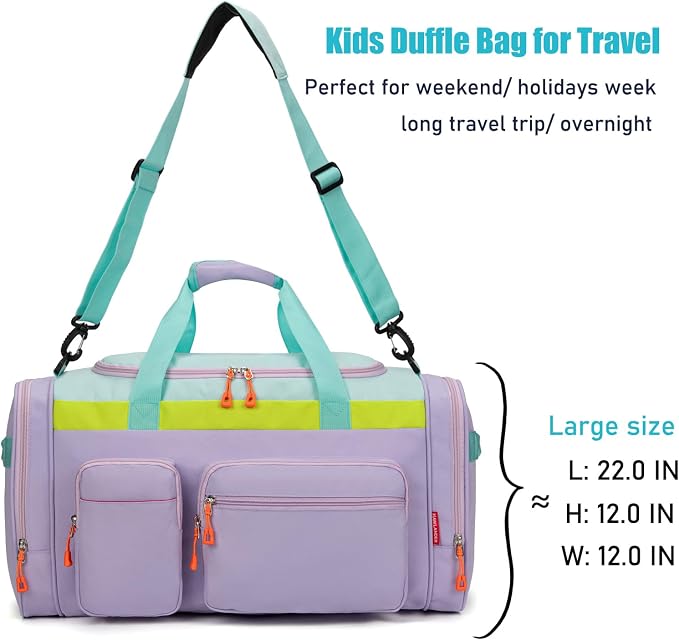 Large Kids Duffle Bag for Travel, Overnight or Weekend, L Green | Roomy Size: 22.0"L x 12.0" H x 12.0"W, Made of Thick Polyester Fabric - Image 5
