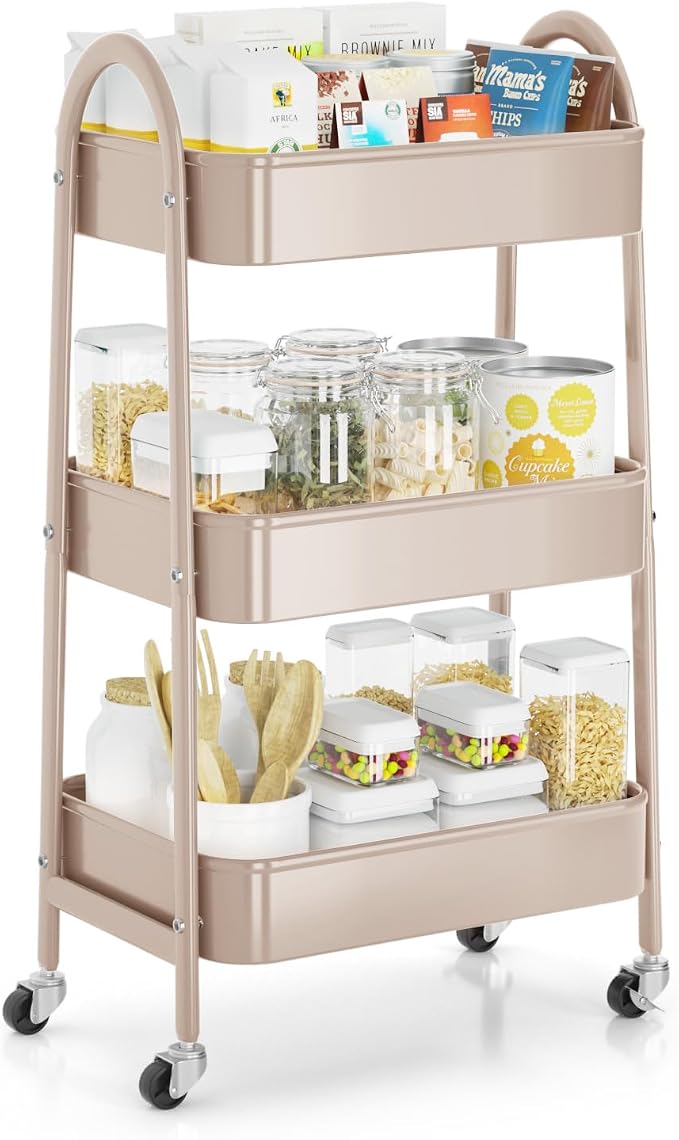 3 Tier Rolling Cart, Large Metal Storage Cart with Handle and Lockable Wheels, Big Multifunctional Storage Organizer Trolley with Mesh Baskets for Kitchen, Living Room, Office, Garage (Beige) by EAGMAK