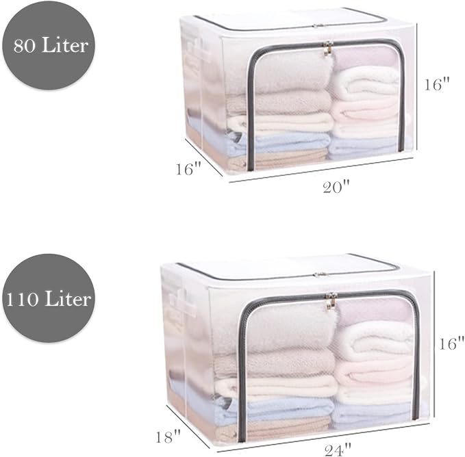 80L Large Foldable Storage Bins Organizer with Durable Handles, Metal Frame, for Clothing | Bed Sheets | Blanket | Comforters | Pillows | Toys, 3 Pack, Clear & Gray Zipper - Image 3