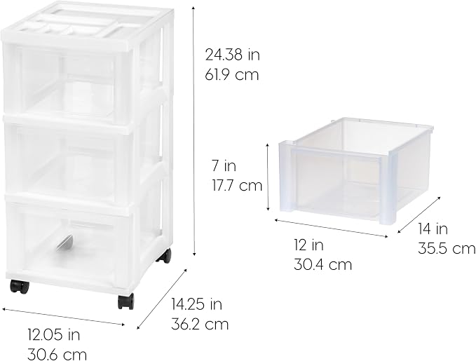 IRIS USA 3-Drawer Rolling Storage Cart, White/Clear | Keep classroom supplies, teacher essentials, craft materials, and learning tools organized with easy-access drawers. - Image 3