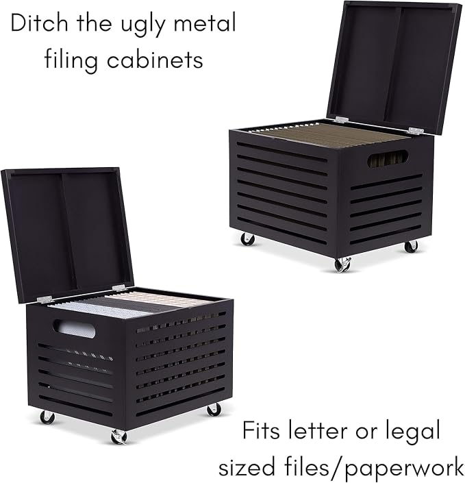 BIRDROCK HOME Bamboo Rolling File Storage Organizer Box with Lid - Decorative File Cabinet on Wheels, Portable File Box on Wheels, Mobile Filing Solution - Café Noir - Image 8