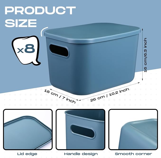 8 Pack Storage Bins, 16.1 X 12.0 X 9.7 Inch Blue | Plastic Stackable Containers with Lid Handle, For Shelves Desktop Playroom Office, Organizing Toys Books Supplies Storage - Image 2
