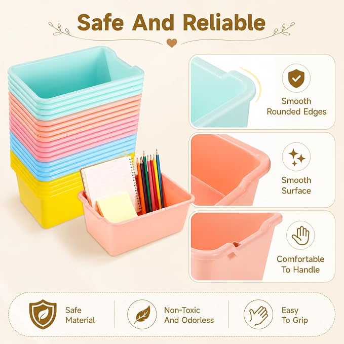 OMISTAR 20 Pack Book Bins for Classroom, 11.6 x 7.5 x 5.1 Plastic Cubby Book Bins Library Stackable Cubby Desk Organizer Containers Organizer Basket Bin for School Office Home Nursery Playroom - Image 6