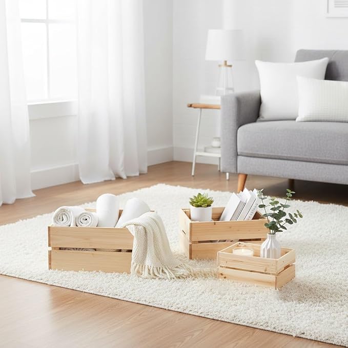 Oairse Set of 3 Rustic Wooden Storage Crates - Vintage Wood Storage Boxes with Handle for Home Organization Wooden Container Boxes Wood Baskets for Display Kitchen Pantry Cabinet, Shelf, Counter - Image 6