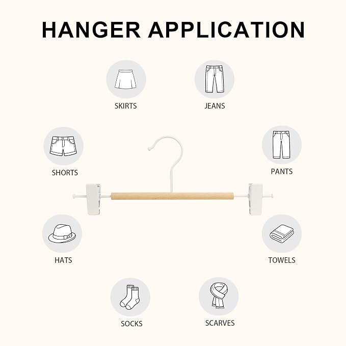 Wire Pants Hangers with Adjustable Clips, White, 12-Pack | Wooden Skirt Hangers, Non-Slip Clamp Bottom, for Trousers, Jeans, Shorts & Clothing Organization - Image 5