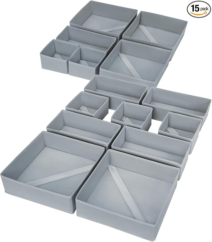 DIMJ Drawer Organizer Clothes, 15 Pack Underwear Organizer, Foldable Closet Bins, Sock Organizer Bra Cube, Fabric Dresser Box for Clothes, Bra, Socks, Tie (Grey) by DiMJ