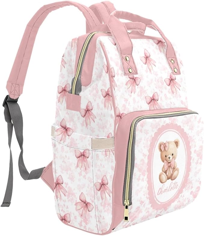 Personalized Bear and Pink Bow Diaper Bag Backpack with Custom Name – Waterproof Multi-Pocket Baby Nappy Bag for Moms and Dads – Large Capacity Travel Backpack & Shower Gift for Baby - Image 3