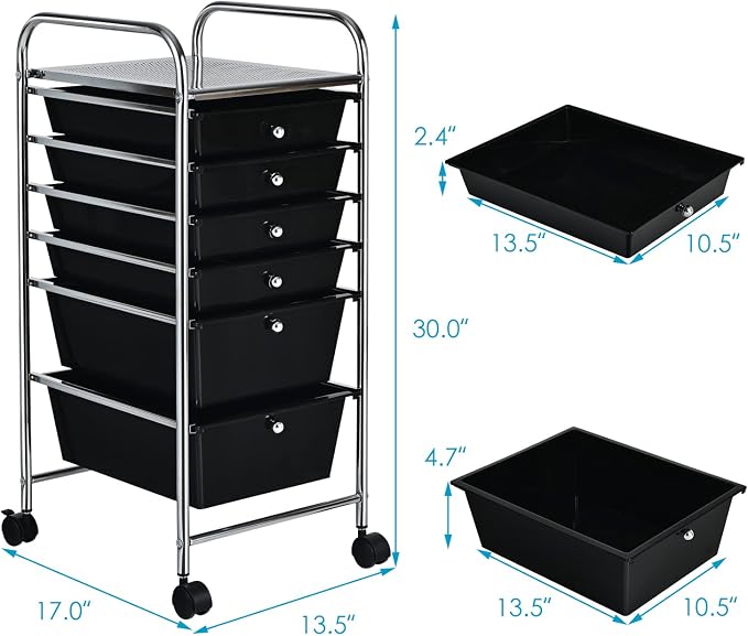Giantex Rolling Storage Cart with 6 Drawers, Multipurpose Mobile Organizer Cart for Tools Scrapbook Paper Home Office School (Black) - Image 3