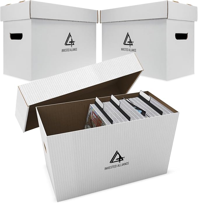 Premium Short Comic Book Storage Box Organizer with Lid | Thick Cardboard Comic Storage Box For Collectibles Fits 150-175 Current/Silver Age, Heavy Duty & Stackable. by InvestedAlliance