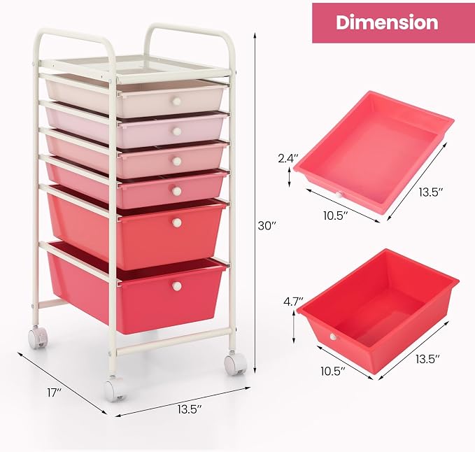 Giantex 6 Storage Drawer Cart Rolling Organizer Cart for Tools Scrapbook Paper Home Office School Multipurpose Mobile Utility Cart (Pink Gradient) - Image 3