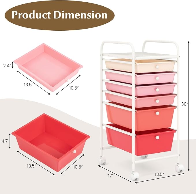 GOFLAME 6-Drawer Rolling Storage Cart, Multifunctional Art Craft Organizer Cart, Mobile Utility Storage Cart with Removable Drawers & Lockable Wheels, Craft Cart for Home Office, School, Pink - Image 3