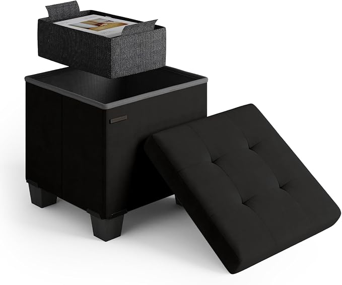 Storage Ottoman Cube with Small Bin, 15-in Square Ottoman with Storage for Living Room and Bedroom, Small Ottomans Foot Rest, Velvet Foot Stools Ottomans Max 330lbs, Black by STORAGEBUD