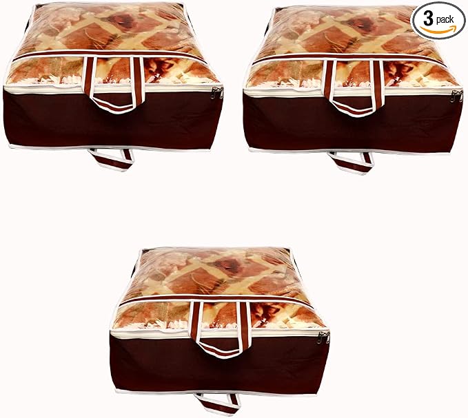 ANKIT INTERNATIONAL Garments Protect Clothes Organizer/Storage Bags for Blanket, Quilts & Rajai Storage Combo Pack of 03 with Dust Protection Front Clear window & Zip Closure (BROWN,51 x 51 x 22 cms) by AI+ANKIT+INTERNATIONAL