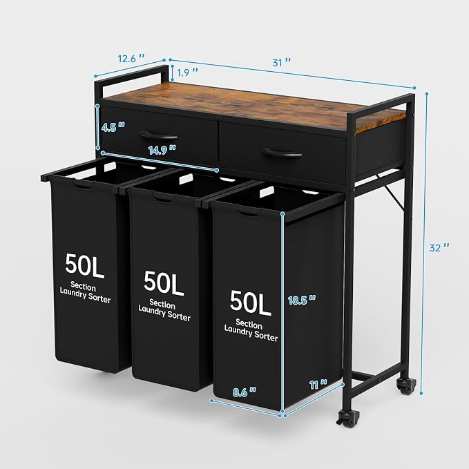 Laundry Sorter with 3 Section Pull Out Bags Rolling Laundry Basket Organizer with 2 Drawers Laundry Hamper with Shelves and Wheels for Laundry Room, Bathroom, Bedroom Organization (1 Tier) - Image 6