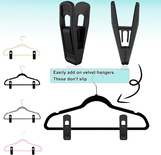 TOFIIGREM Hanger Clips Perfect for Velvet Hangers (Black, 80 PCS), Strong Plastic Clips Pant Skirt Hanger Clips for Black Flocking Felt Hangers - Image 2