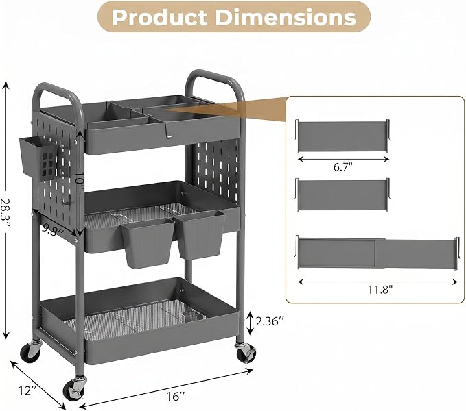 danpinera 3 Tier Rolling Cart with Retractable Dividers, Multi-Functional White Rolling Utility Cart with Pegboards, Hooks & Hanging Cups for Nursery, Living Room, Studio - Image 2