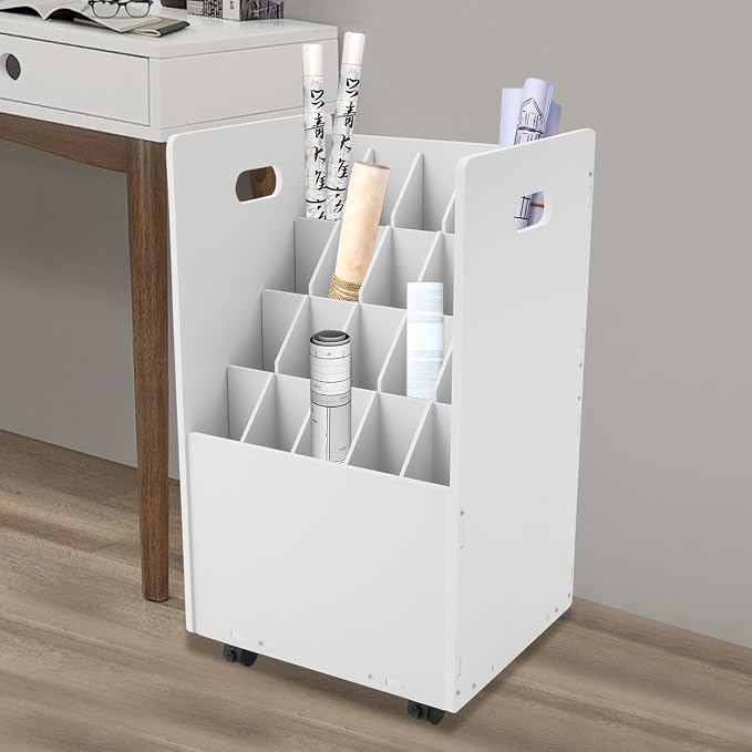 Blue Print Storage Organizer with Wheels, 20 Slots Mobile Blueprint Storage Rack Cart, Construction Plan Holder Roll Files Cart Map Poster Storage Cabinet for Office Home School, White - Image 6