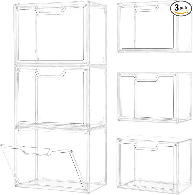 3 Pack Clear Storage Organizers with Lids, Storage Containers with Magnetic Door, Stackable Acrylic Display Case for Cosmetic, Multifunctional Storage Boxes for Dorm, Living Room, Bedroom Storage by Freebat
