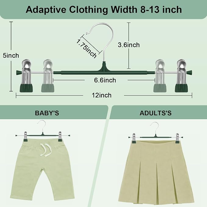 POZEAN Pants Hangers with Clips for Women 50 Pack, 12Inch Adjustable Heavy Duty Skirt Hangers, Space Saving Non-Slip Shorts Jeans Trousers Clothes Hangers, Green - Image 4