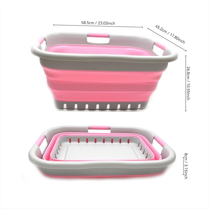 SAMMART 41L (10.8 gallon) Set of 2 Collapsible 3 Handled Plastic Laundry Basket-Foldable Pop Up Storage Container/Organizer-Space Saving Hamper/Basket (2, Grey/Pink) - Image 2