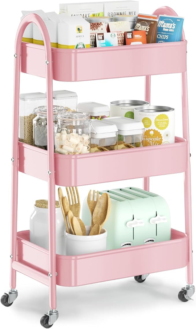 3 Tier Utility Rolling Cart, Metal Storage Cart with Handle and Lockable Wheels, Multifunctional Storage Organizer Trolley with Mesh Baskets for Kitchen, Living Room, Office, Garage (Pink) by EAGMAK