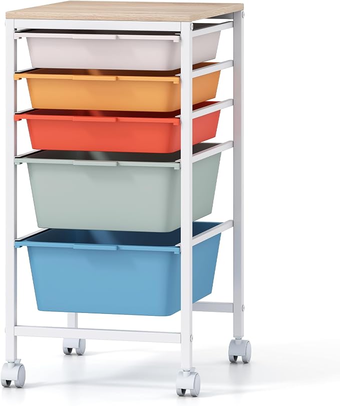 Giantex Rolling Storage Cart with 5 Drawers, Utility Cart w/Wooden Tabletop, Lockable Wheels, Multipurpose Organizer for Art Craft Books Paper, Drawer Carts for Dorm Classroom Office, Macaron by Giantex