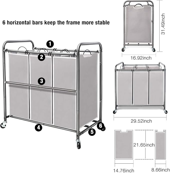 STORAGE MANIAC Laundry Sorter 3 Section Plus 2 Section, Laundry Hamper with Rolling Wheels, Laundry Basket Sorter, Laundry Separator Hamper, Laundry Divider Hamper with Removable Bags - Image 4