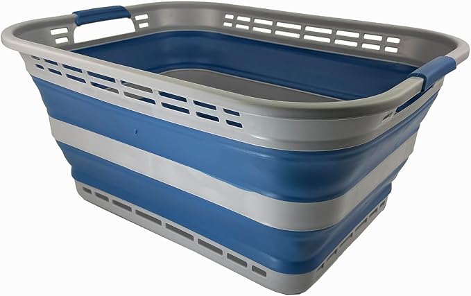 SAMMART 42L (11 gallons) Collapsible Plastic Laundry Basket - Portable Pop Up Storage Container/Organizer - Portable Hamper - Space Saving Easy Storage (Grey/Mist Blue) by SAMMART