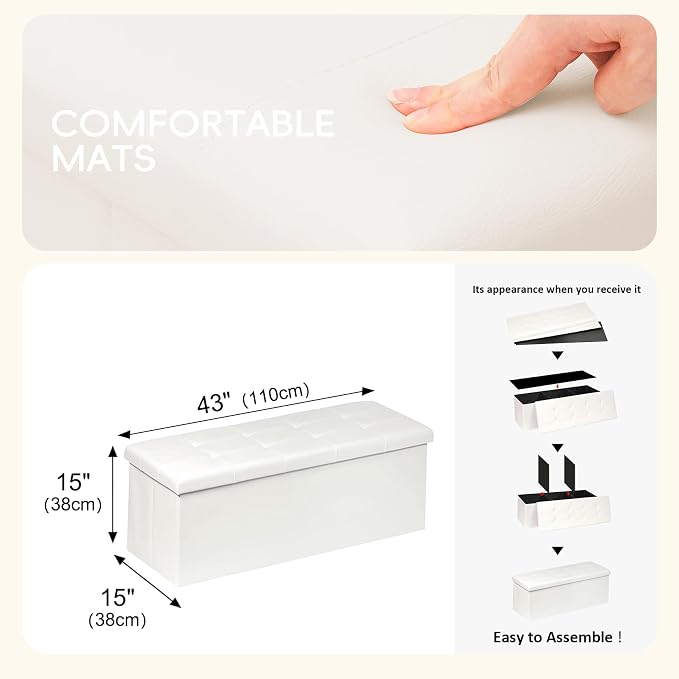 PINPLUS Folding Storage Ottoman Bench with Tray, 43.3inches Faux Leather Long Storage Chest Footrest Seat, Coffee Table, Foot of Bed Storage Bench for Living Room Bedroom, Beige - Image 3
