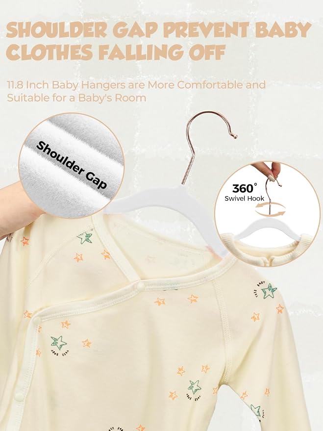 11.8" Premium Baby Velvet Hangers for Closet, 50 Pack, White | Durable Kids Felt Hangers, Non Slip and Space Saving with 360° Rose Gold Hooks for Infant and Toddler Clothes; Holds 10 lb - Image 4