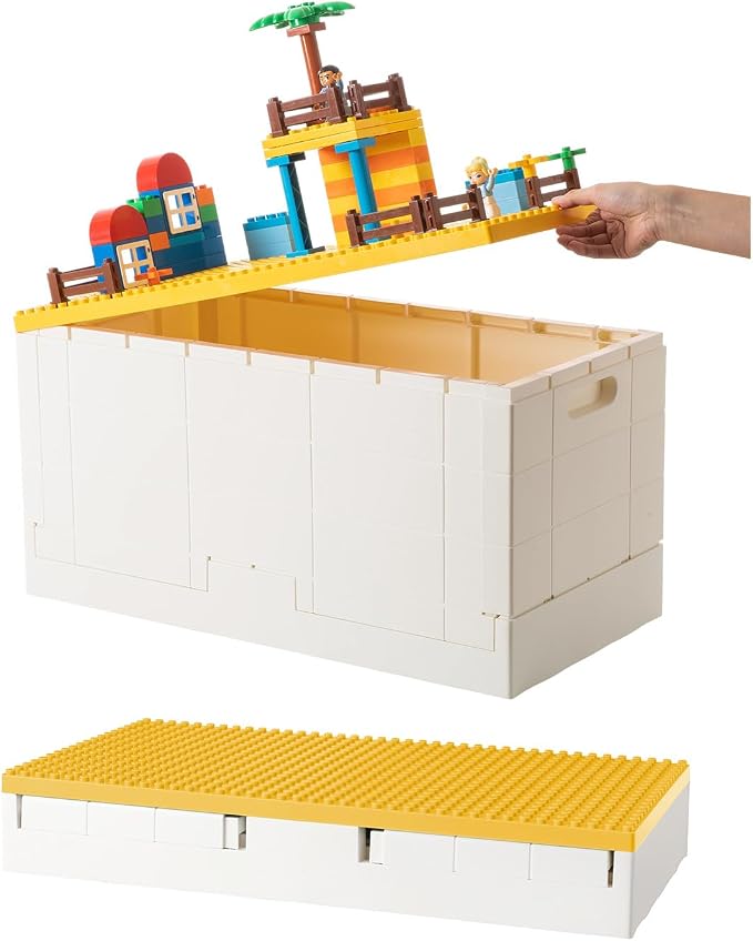 53 Qt. Folding Storage Box with Large Building Lid for Lego Duplo Blocks, 13 Gallon Collapsible Organizer for Lego Bricks (Yellow) by SHIMOYAMA