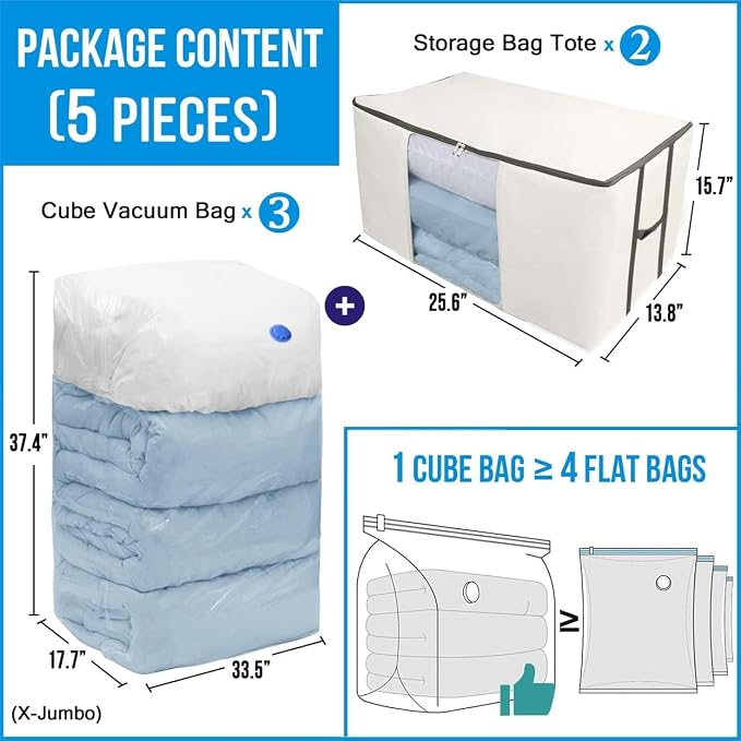Vacuum Storage Bags, Cube Space Saver Bags, Bedding Space Saving Organizer | Premium Totes & Cubic Vacuum Compression Seal Bags for Clothing. Jumbo Organizer, Storing Comforters Blankets Pillows Clothes - Image 6