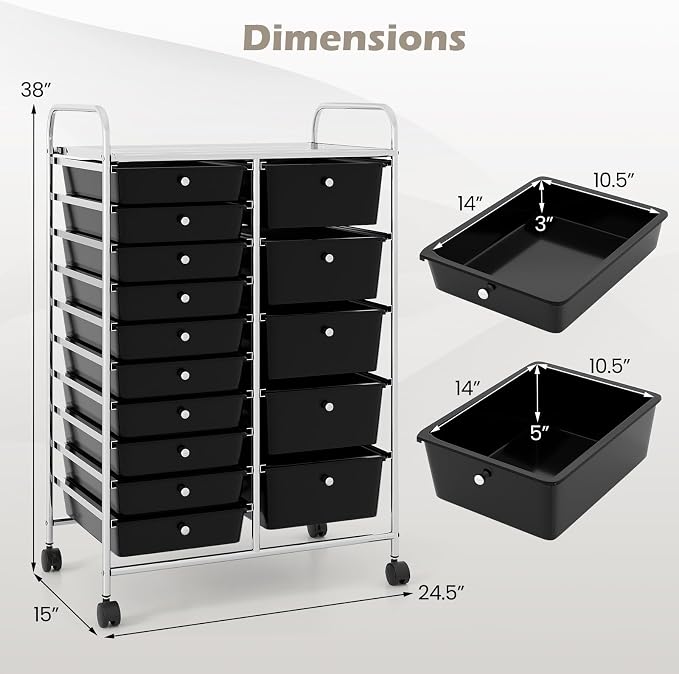 RELAX4LIFE 15-Drawer Rolling Storage Cart - Utility Cart with Metal Frame, Lockable Wheels & Removable Drawers, Multipurpose Art Craft Organizer for Home Office, Classroom (Black) - Image 3