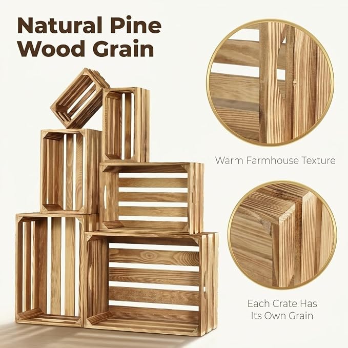 Wooden Crates for Display 6 Pack, Rustic Nesting Wood Crates | 6 sizes of pine wood crates with handles for farmhouse decor, storage, weddings, markets, and DIY crafts - Image 3