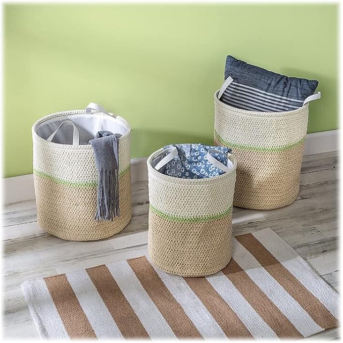 Honey-Can-Do Storage Basket 3 Piece Nesting Set with Handles, Natural Woven, Laundry Hamper, Multipurpose Basket for Bedroom, Bathroom, Blankets, Clothes, Toys, Books, Cabinets and More - Green/Beige - Image 6