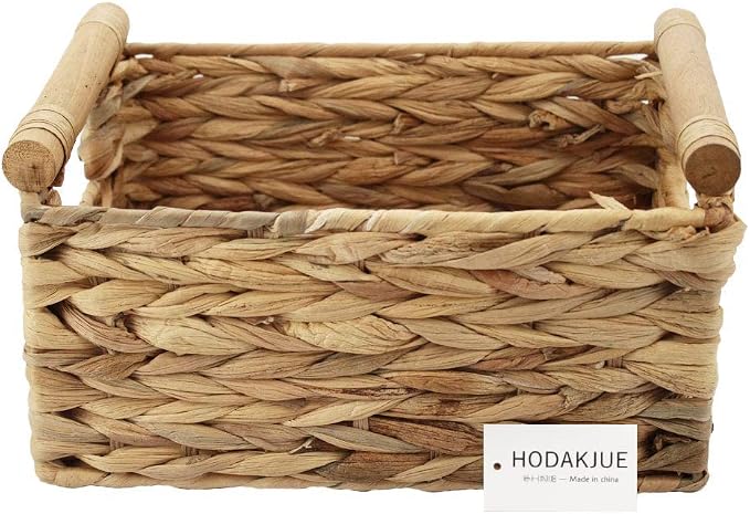 Natural Woven Water Hyacinth Storage Basket with Wood Handles, Large | Rectangular wicker‑style bin, decorative accent, for shelves, bathroom, pantry, closet organization, countertop use - Image 6
