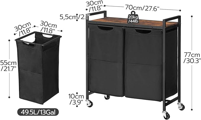 HOOBRO Laundry Hamper, Laundry Sorter 2 Section, 2 × 13 Gal (49.5L), Laundry Basket with Wheels, Rolling Cart, Pull-Out and Removable Oxford Fabric Bags, Rustic Brown and Black BF72XY01 - Image 6