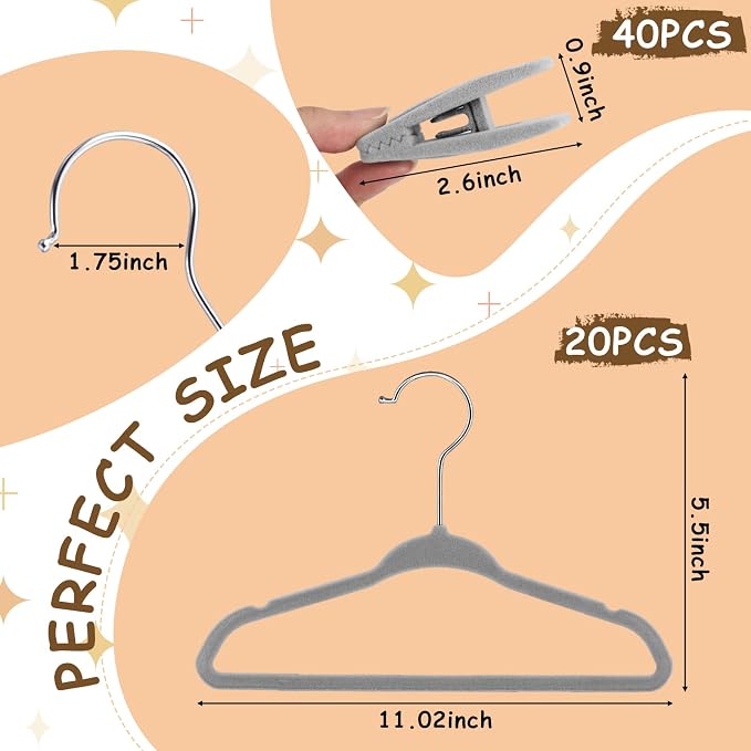 20 Pack Velvet Hangers for Baby & Kids, 11 Inch Non-Slip Infant Clothes Hangers with 40 Multi-use Adjustable Clips, Slim Space Saving Hanger for Nursery Closet, Toddler Skirts Pants Coat, Grey - Image 2