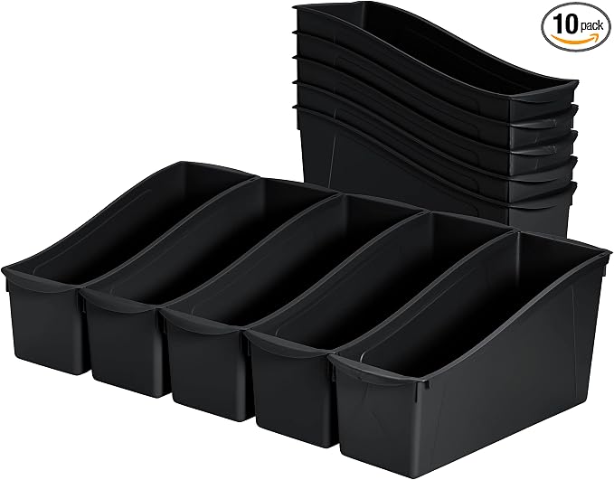 ECR4Kids Linking Plastic Storage Book Bin, Multipurpose Organization, Black, 10-Piece | Durable plastic with built-in handles, interlocking, nestable, ideal for books, magazines, and files in a classroom or office by ECR4Kids