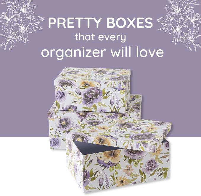 Soul & Lane - Purple Passion Decorative Storage Boxes with Lids, Set of 3 | Large Nesting Cardboard Keepsake Boxes for Memories and Gifts, Purple Lavender Floral Containers, Stackable Hat Box Style - Image 4