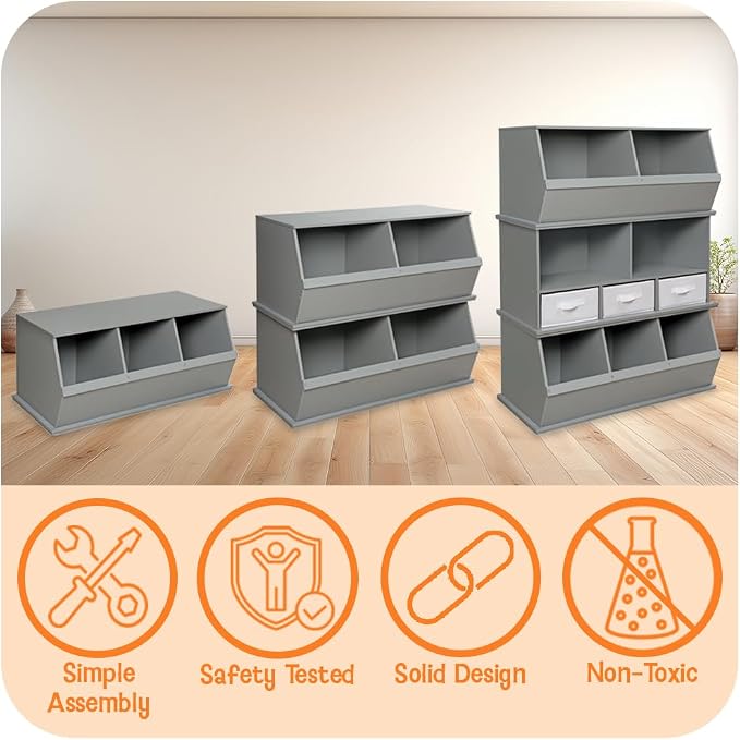 Badger Basket Two Bin Stackable Toy Storage Cubby Organizer – Modular Storage for Toys, Books, and Crafts – Solid Wood Panel – White/Light Gray - Image 3