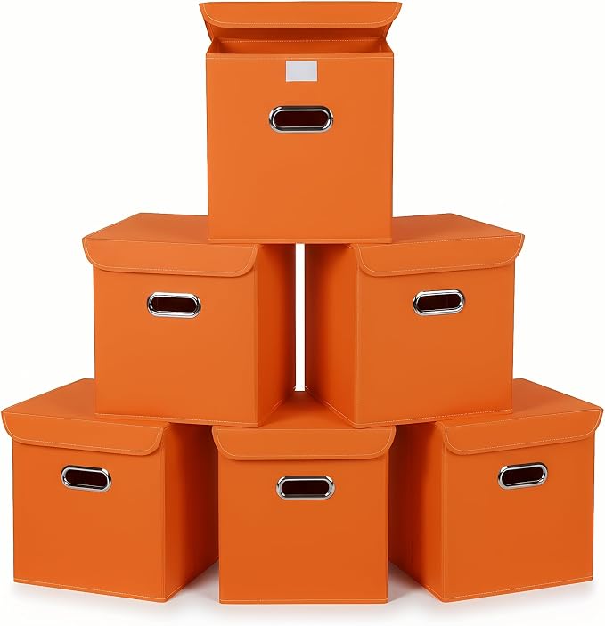 Closet Organizers Fabric Storage Bins With Lids Collapsible Cube Storage Organizer Basket With Handles,Storage Boxes for Clothes Storage,Office,Laundry,Shelves,6 Pack,（Orange） by SEVENDOME