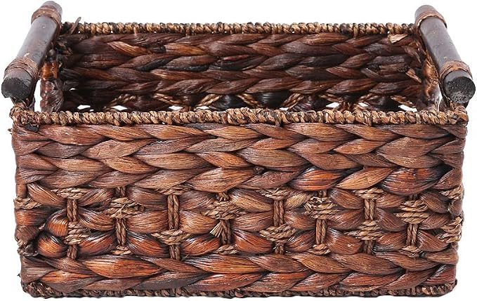 Water Hyacinth Wicker Storage Basket with Wood Handles, Medium | Rectangular dark brown woven rattan basket, for shelves, kitchen countertops, closet, holds magazines, toilet paper - Image 2