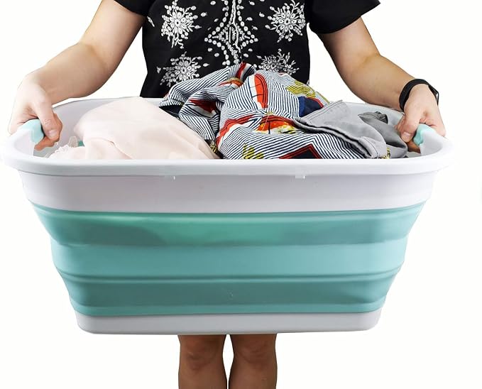 SAMMART 41L (10.8 gallon) Collapsible Plastic Laundry Basket-Foldable Pop Up Storage Container/Organizer-Portable Washing Tub, Water capacity: 32L (8.4 gallon) (Rectangular, White/Lake Green) - Image 7