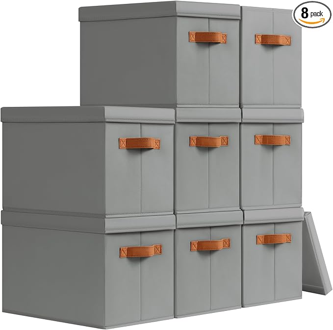 Storage Bins with Lids - Fabric Storage Baskets for Shelves, 8 Pack Foldable Decorative Boxes with Handles, Stackable Organizer Bins for Home, Nursery, Dorm, Grey by Homsorout