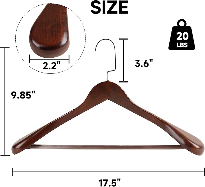 Wooden Suit Hangers with Non Slip Pants Bar, Walnut, 6-Pack, 17.5" | Wood Extra-Wide Shoulder Hangers with Flat-Head Hook for Suits, Coats, Jackets, Shirts, Pants, Heavy Clothes - Image 2