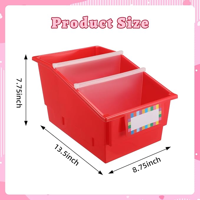 Lineshading 6 Pack Picture Book Organizer Bins with Dividers Large Plastic Book Holders with Labels Multi Purpose Classroom Organization Bins Storage Container (Colorful,8.75" X 13.5" X 7.75") - Image 2