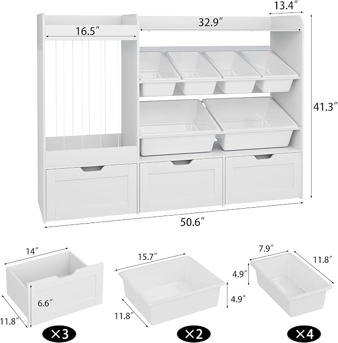 Kids Toy Storage, 50.6" W x 41.3" H Large Toy Organizers and Storage Cabinet with 6 Plastic Bins, 3 Rolling Drawers, Stuffed Animal Zoo, Wooden Organization Shelf for Playroom, Nursery(White) - Image 2